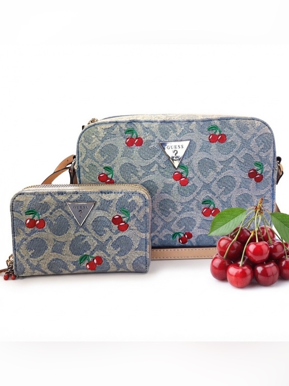 GUESS Women's Denim BLue Cherry Print Crossbody Bag & Matching Zip Wallet Set